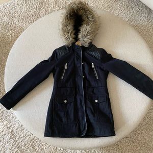 BCBG Generation Black Denim Coat with hooded -faux fur trim - LIKE NEW!